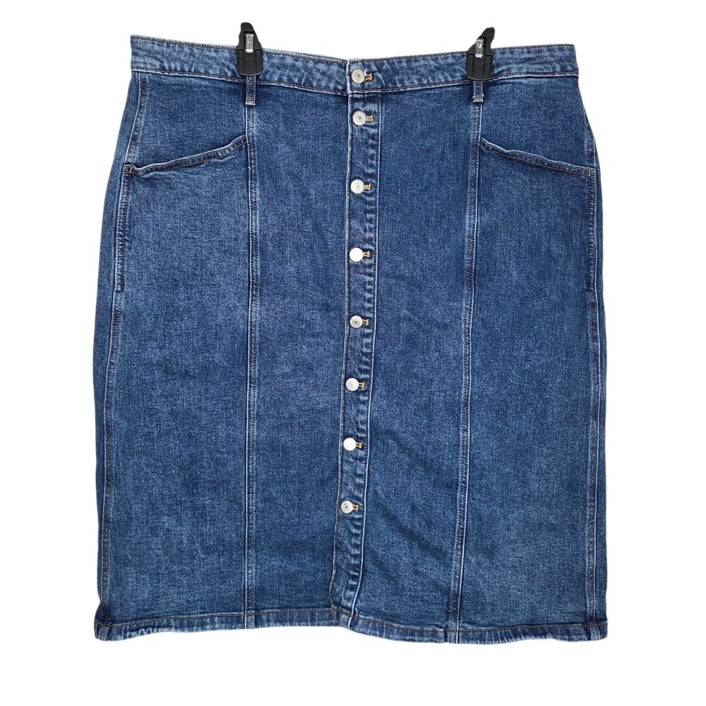 Old Navy Blue Denim Button Up High Rise Slim Pockets Midi Skirt SZ 18 Modest‎